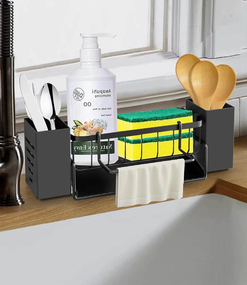 Toaren Soporte para Estropajos Cocina,Esponjas Organizador Fregadero Cocina sin Taladrar,Soporte Esponja con Bandeja,Estropajo Fregadero Multifuncional Soporte con Toallero Cocina,Baño