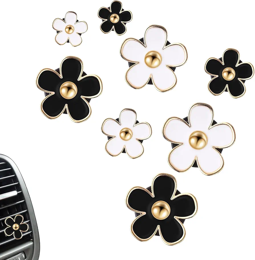 8Pcs Clips de Ventilación de Margarita Clip de Ambientador Coche Margaritas Clip de Salida de Aire Acondicionado de Flores para Decoración de Coche Automóviles (Negro + Blanco)