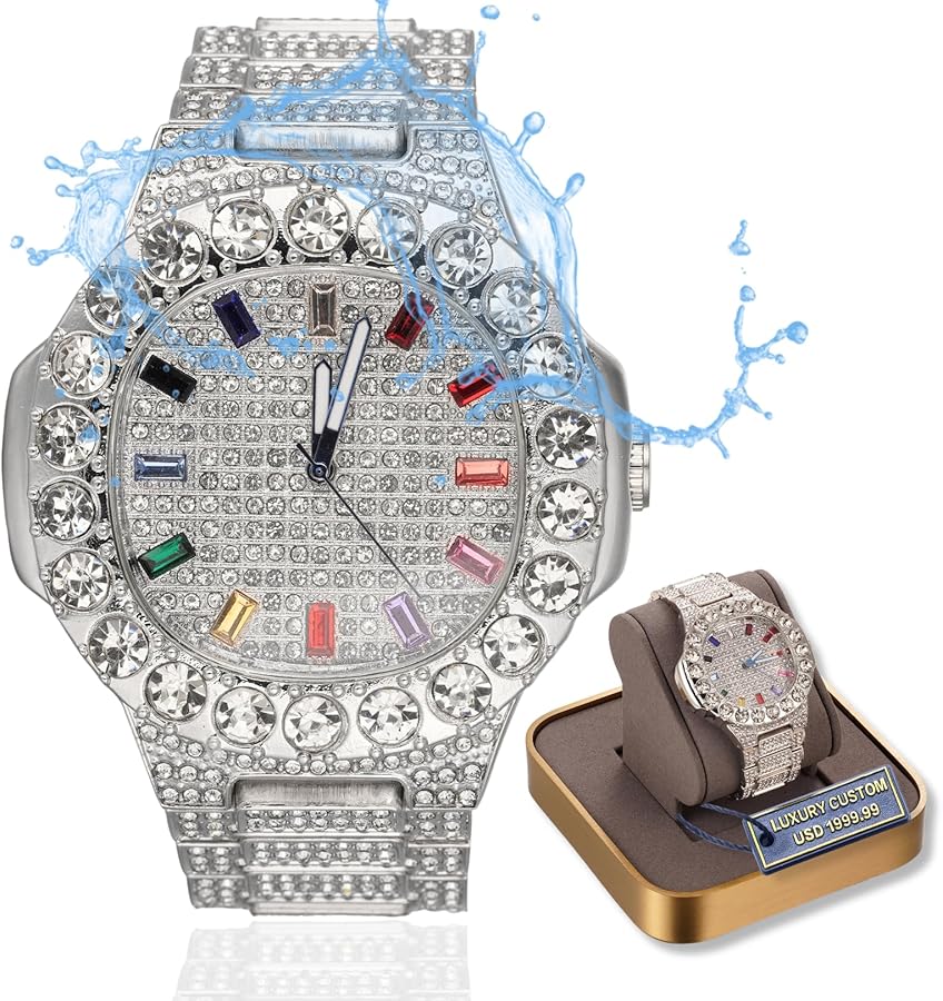 Halukakah Diamante Moissanita Reloj Oro para Hombre - Chapado en Oro Blanco Real de 18k/Platino,Esfera Engastada Diamantes Extragrandes Gemas Multicolores,Iced out,Pulsera 24cm,Caja de Regalo Incluida