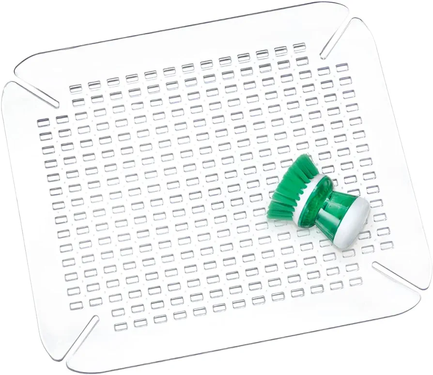 iDesign Alfombrilla escurreplatos, protector de fregadero grande de plástico PVC para fregaderos de cocina, rejilla escurreplatos con orificios de drenaje, transparente