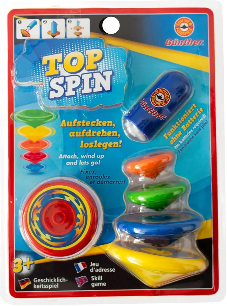 Paul Günther 1560 - Top Spin, Juego de Habilidad para niños a Partir de 3 años, Incl. 5 peonzas y arrancador, diámetro Aprox. 4 - 8 cm, diversión Ideal para niños y Adultos