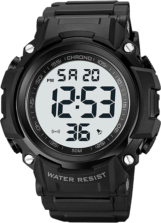 kieyeeno Reloj de pulsera para hombre, militar, impermeable, de exterior, 50 m, con alarma y temporizador, cronómetro, 12/24H, retroiluminación, Pantalla blanca