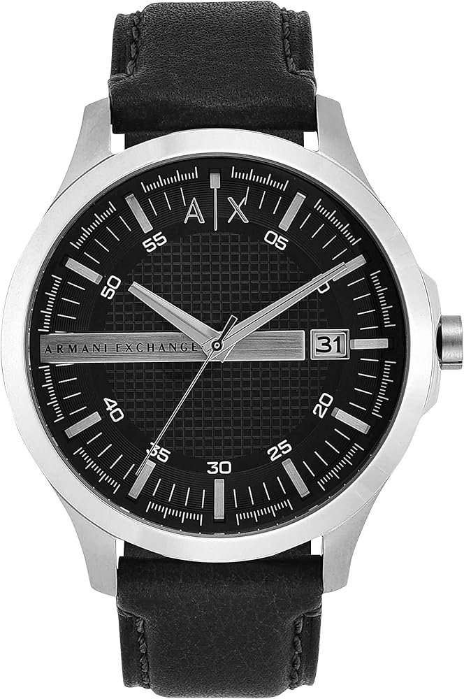 Armani Exchange Reloj para Hombre, Movimiento Fecha a Tres Manecillas, 46mm Plata / Acero Caja de acero inoxidable con correa de piel, AX2101, Negro y Gris