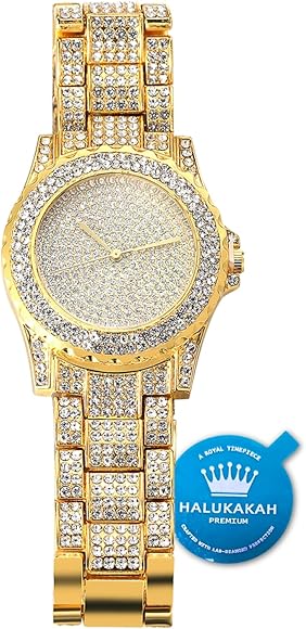 HALUKAKAH Reloj de Oro Hombres Iced out,Chapado en Oro Real de 18k Pulsera de Cuarzo 8.7"(22cm),Cz Completo Diamante de Laboratorios,Gratis Caja de Regalo