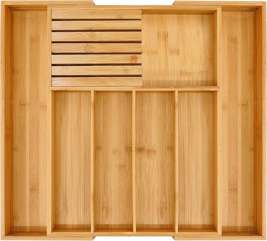 VaeFae Organizador de bambú para utensilios de cocina, bandeja de cubiertos extensible con divisor, soporte para cubiertos y almacenamiento de cuchillos de 33-55cm