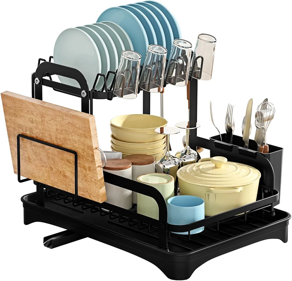 Ysguyyz Escurreplatos multifuncional de 2 niveles, organizador de cocina inoxidable con soporte para utensilios y bebidas, almacenamiento de encimera con escurridor, color negro