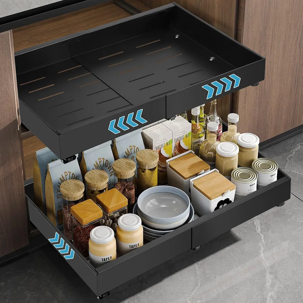 Towwoo ExKeen Cajón Telescópico, Cajones Extraibles para Cocina, con cintas adhesivas nano, Organizador de Armario Extensible Desplegable, sin Necesidad de Taladrar, 32-52 x 42 x 7,5 cm (Negro)