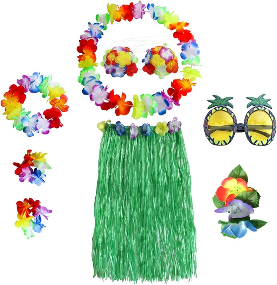 HBell 8PCS Hawaiian Hula Skirt Costume Set,Hawaiian Grass Skirt,Hawaii Leis,Flower Bikini Top,Pineapple Glasses for Adults Kids Fancy Dress Supplies Summer Beach Tropical Party Decorations