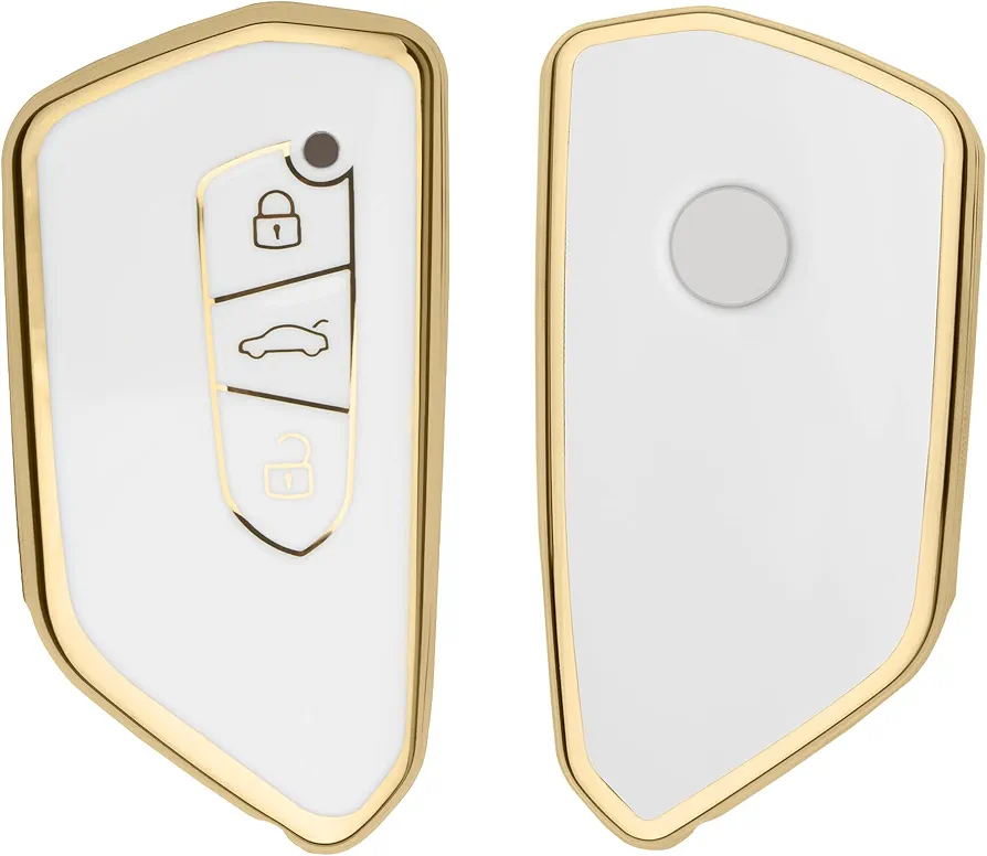 kwmobile Carcasa para Mando Compatible con VW Golf 8 Llave de Coche de 3 Botones - Funda para Llaves de Coche de TPU con Botones - Blanco/Dorado