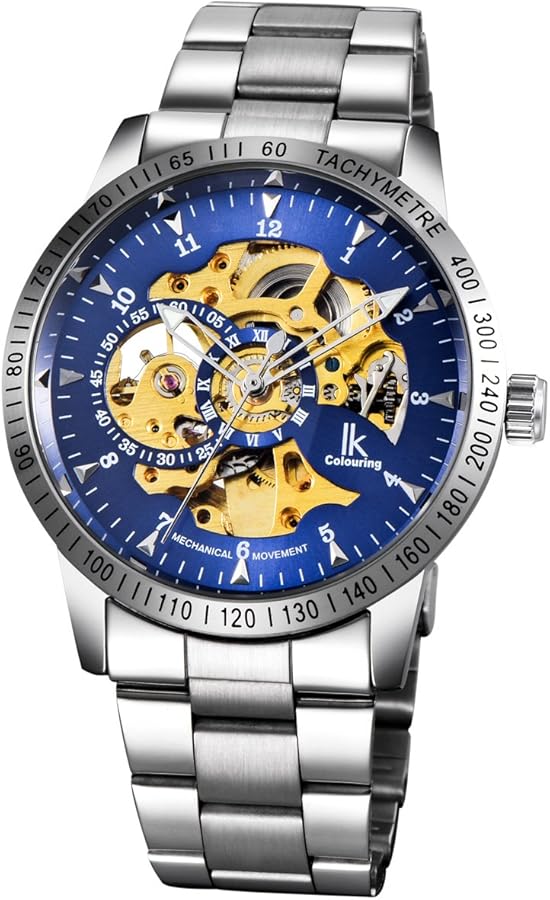 Alienwork IK Reloj Automático Hombre Mujer Plateado Pulsera de Metal Acero Azul Esqueleto