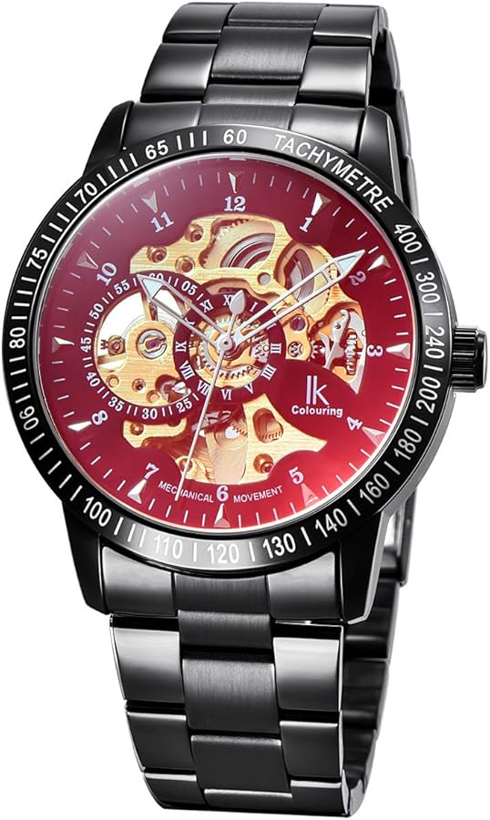 Alienwork Reloj Automático Hombre Mujer Negro Pulsera de Metal Acero Esqueleto