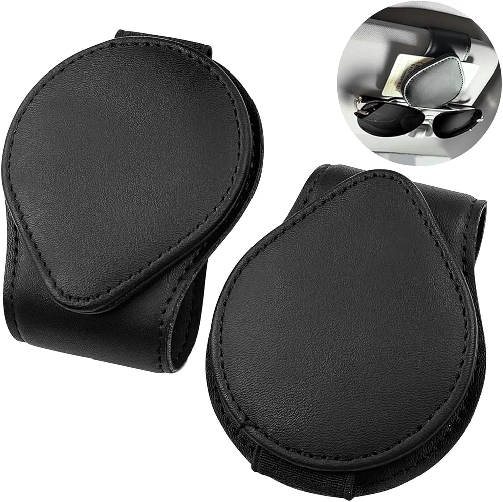 Fousenuk Soporte para Gafas de Sol para Coche, 2 Piezas Cuero PU Magnético Clip de Gafas de Sol para Visera de Coche, Universal Accesorios Coche Interior, para Tarjetas Visita, Billetes, Etc., Negro