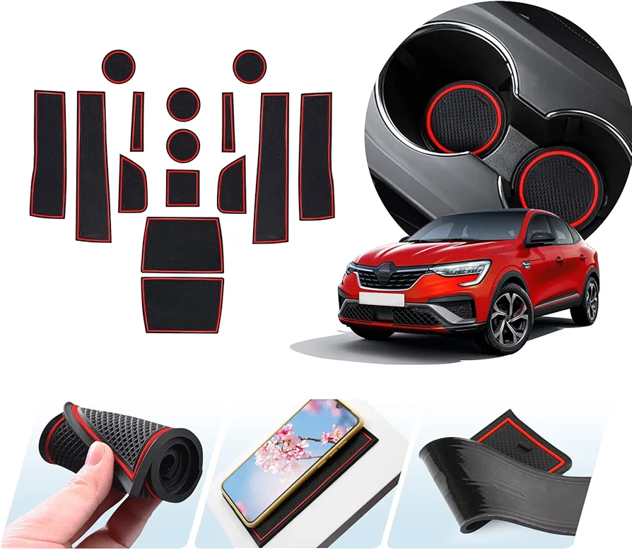 LUWU Compatible con Renault Arkana 2021 2022 Alfombrillas Antideslizantes de Goma para Consola Central,Posavasos,Ranura de la Puerta,Coche Interior Accesorios 14 Piezas (Rojo)