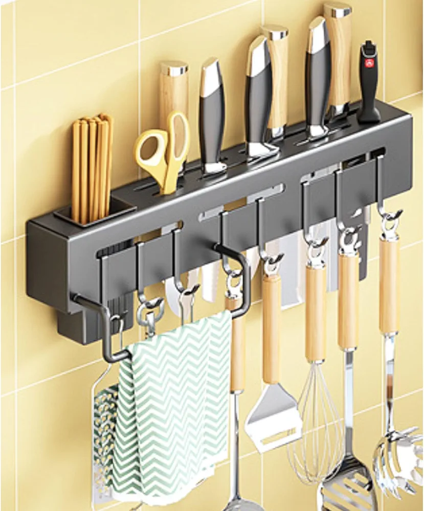 Estante de gancho de acero inoxidable de cocina, estante de estantería de pared, estante de botella de especias, con 8 ganchos, adecuado para utensilios de cocina, cuchillos, vajilla