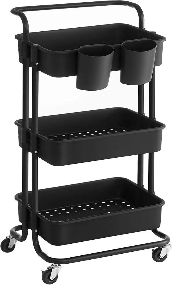SONGMICS Carrito móvil con 3 Niveles, con Ruedas, Estante de Almacenamiento, con asa, 2 recipientes, 2 Frenos, cestas de plástico, Montaje fácil, para Dormitorio y Cocina, Negro, BSC067B01