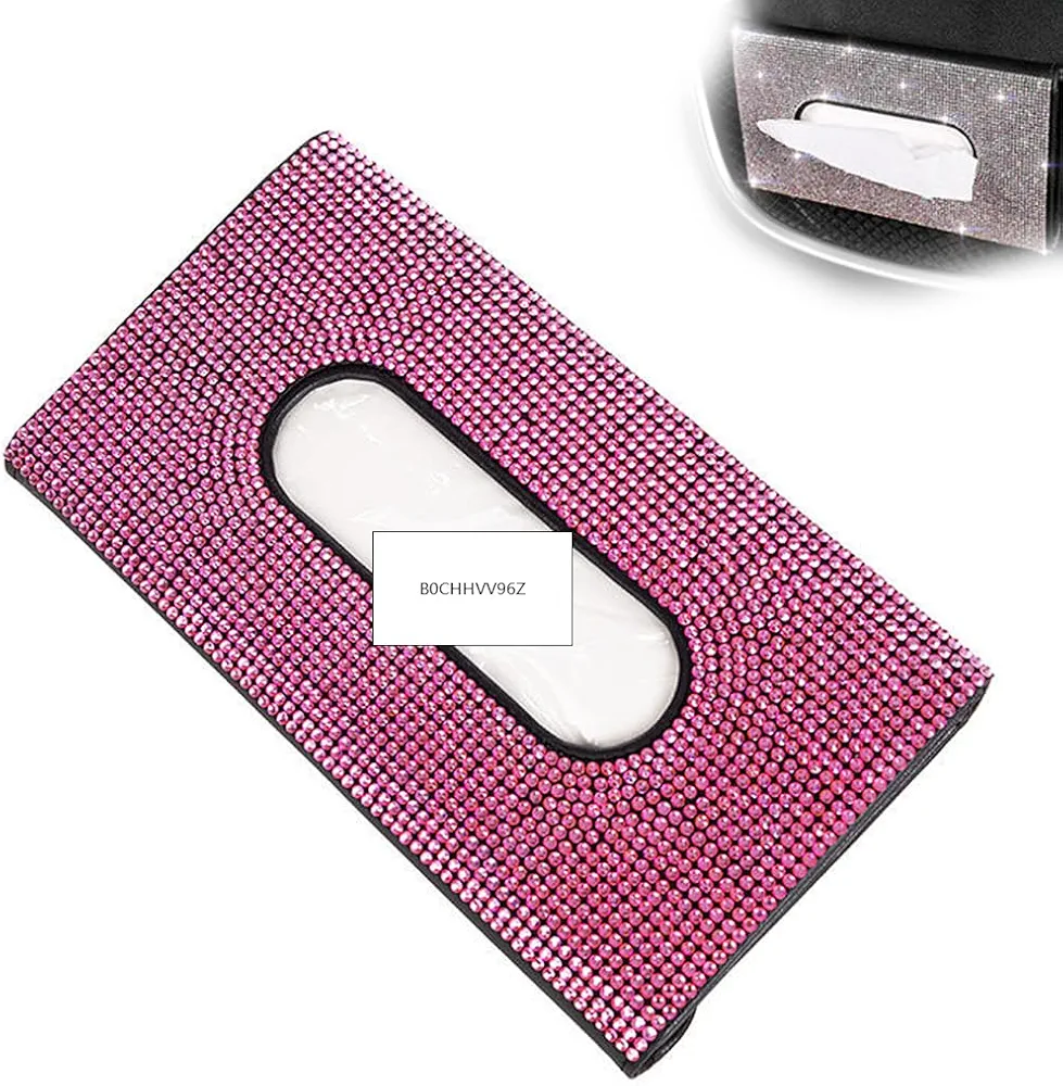 INGJIA Servilletero para Visera para el Coche, Coche Parasol Organizador Cuero PU, Caja de Pañuelos para Coche Colgante, para Automóvil Visera Solar y Respaldo (Diamante Rosa)