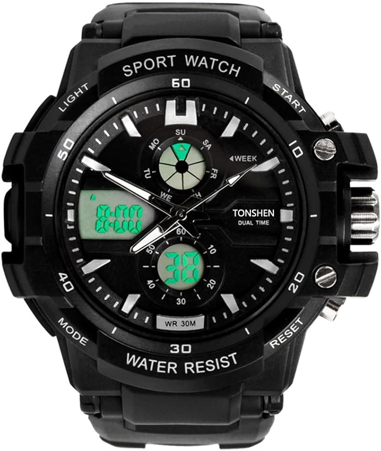 TONSHEN Hombre Multifuncional Deportivo Relojes de Pulsera Impermeable 50M Resistente al Agua Analógico Cuarzo LED Electrónica Doble Tiempo Alarma Outdoor Militar Digital Reloj