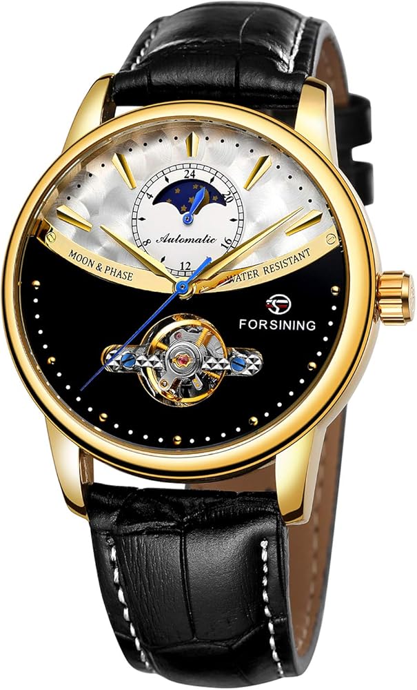 Yoodeet Reloj de pulsera mecánico de cuero genuino para hombre, de acero inoxidable, reloj automático con calendario de volante, Moderno