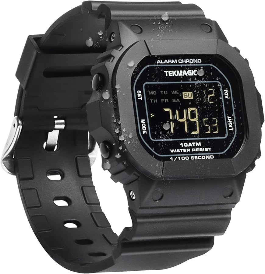 TEKMAGIC Reloj Pulsera Hombre Impermeable 100 Metros para Buceo y Nadar con Luz Trasera, Despertador, Cronógrafo, Hora Dual Calendario, Cuenta Regresiva, Formato de 12 o 24 Horas