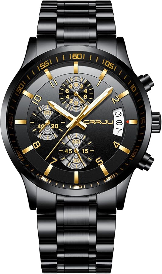 CRRJU Reloj de hombre de acero inoxidable, cronógrafo, resistente al agua, con calendario, correa de acero inoxidable, cronómetro, reloj de cuarzo analógico