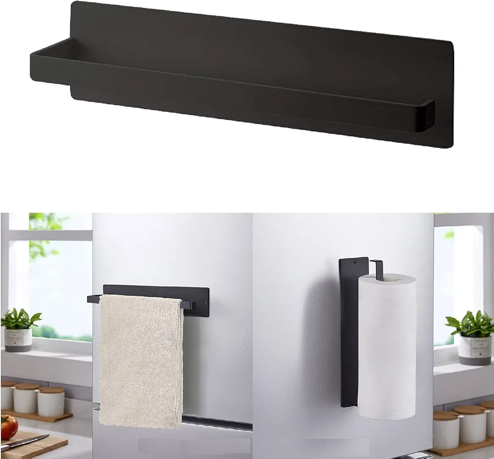 Toallero magnético, toallero de cocina, soporte magnético para toallas de papel para refrigerador, estante multifuncional para rollo de papel, barra de toalla para baño, inodoro, sin taladros, negro