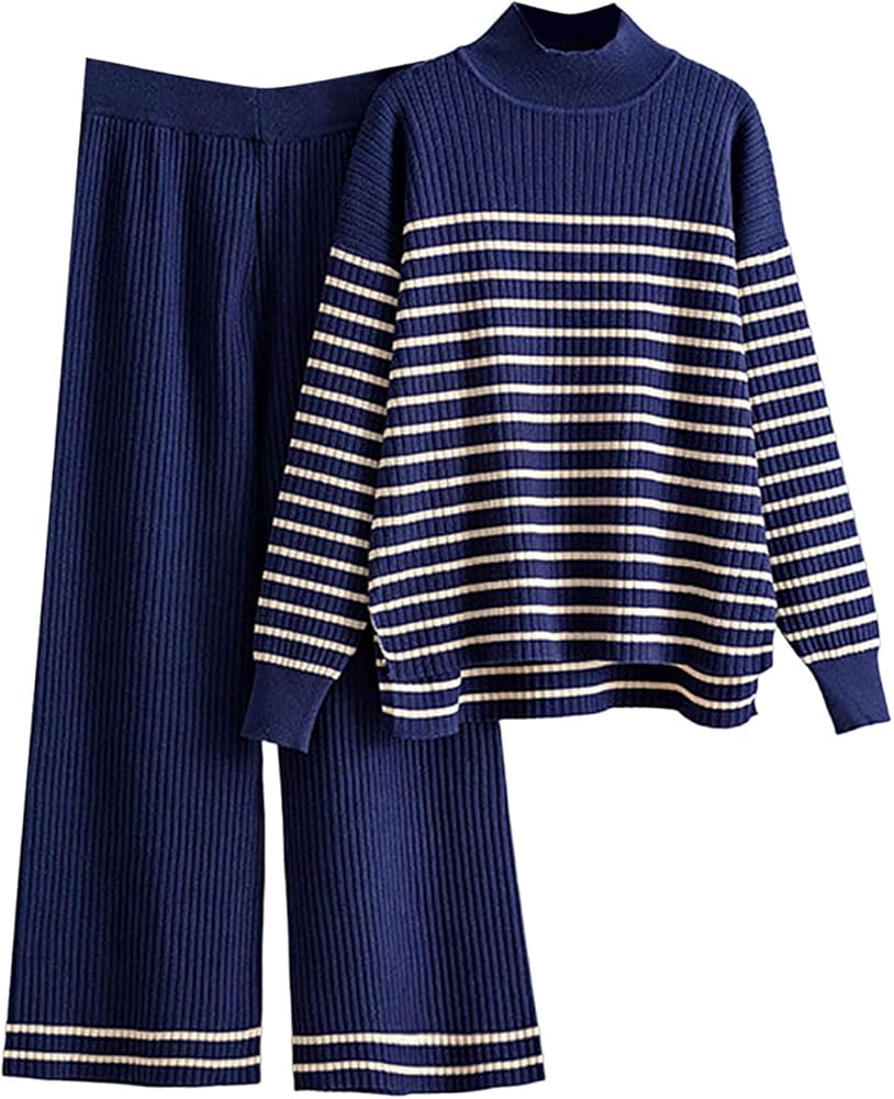 Cexiakong Traje de punto para mujer, juego de 2 piezas, traje de jogging cálido para mujer de oficina, a rayas, cuello redondo, cintura alta, pierna ancha, básico, otoño, de punto, trajes sueltos
