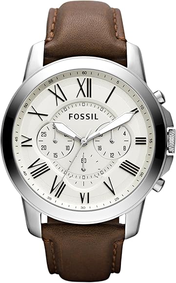 Fossil Reloj para Hombre Grant, movimiento de cuarzo, caja de acero inoxidable plateado de 44 mm con correa de piel, FS5210IE