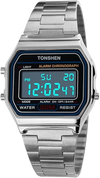 TONSHEN Lujo Fashion Deportivo Reloj Unisex Acero Inoxidable LED Electrónica Multifuncional Alarma Cronómetro Fecha 12H/24H Outdoor Militar Digital Relojes de Pulsera Casual