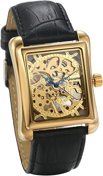 JewelryWe Reloj de pulsera mecánico de hombre con correa de piel, números romanos, color plata/oro, regalo dorado