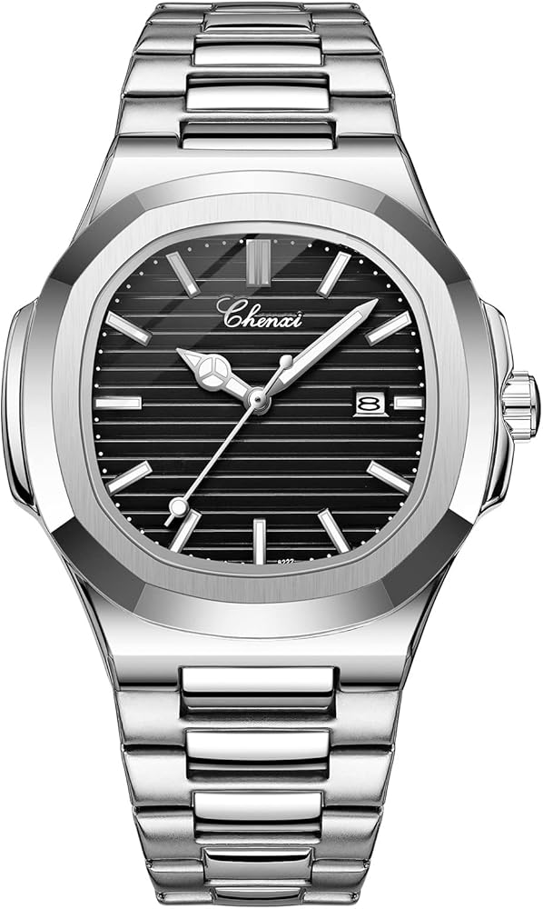 OIDEA Reloj Rombo Analógico Hombre: Relojes Redondo de Cuarzo Plateado para Caballero Puntero Luminoso Escala de Barras Correa de Acero Inoxidable Extraíble - para Ocio Negocios Regalos