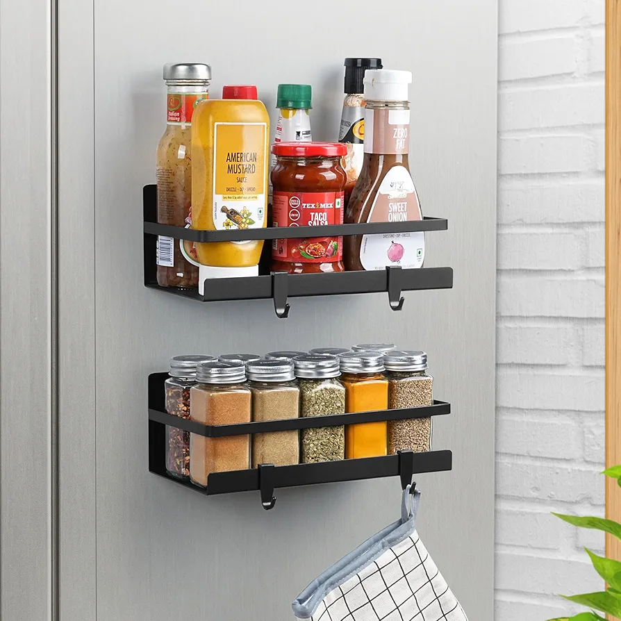 Winter Shore Especiero Magnetico para Frigorífico con Ganchos (Pack de 2) - Estante Almacenaje y Organizador de Cocina - Organizador de Condimentos para Frigorífico para Paredes del Frigorífico