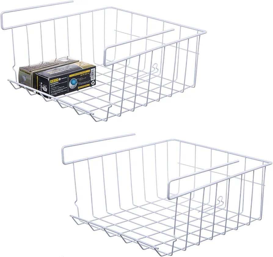 Lonian apilable cesta colgante, 2 cestas de almacenamiento de alambre colgantes debajo del estante, adecuadas para cocina, oficina, trastero, baño, armario