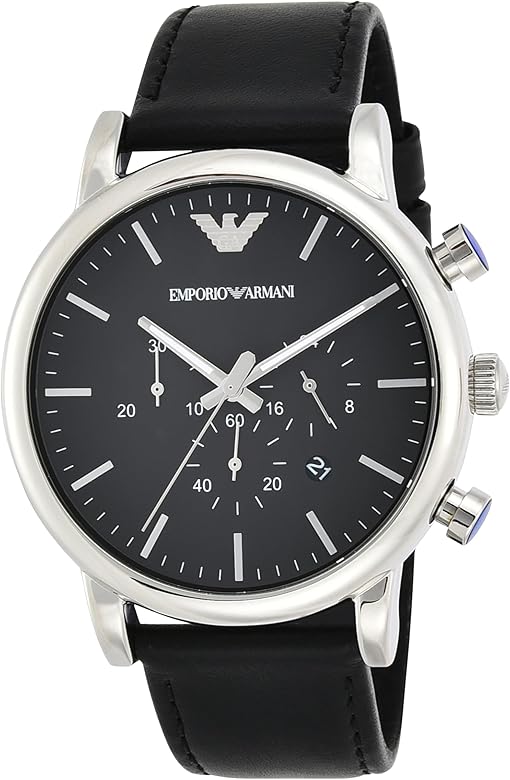 Emporio Armani Reloj Hombre, Movimiento cronógrafo, 46mm Plata / Acero Caja de acero inoxidable con correa de piel, AR1828, Negro y tono plata