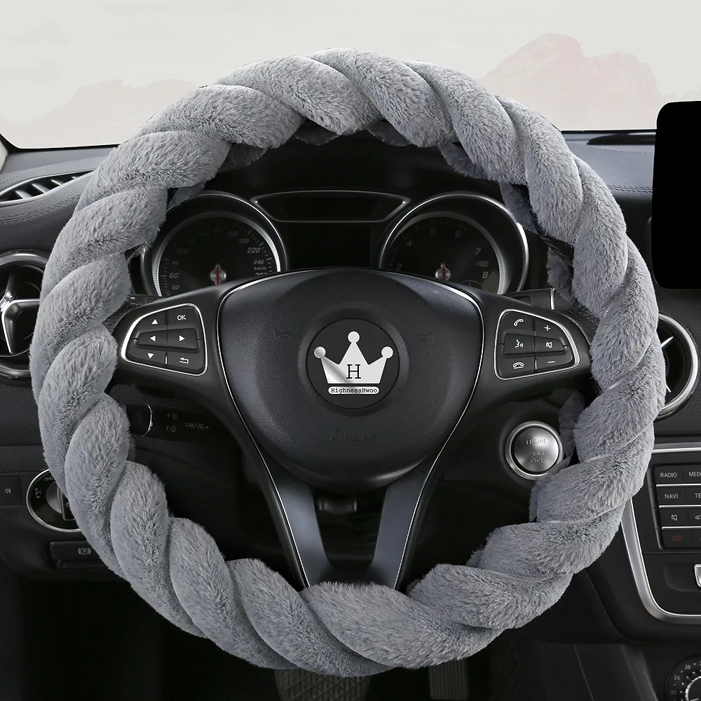 Fundas de Lujo para Volante de automóvil de Invierno para Mujer, Suaves y cálidas, Lindos Accesorios Interiores de automóvil para sedán, Antideslizante, Gris, Peludo, Tamaño Estándar(37-38cm)