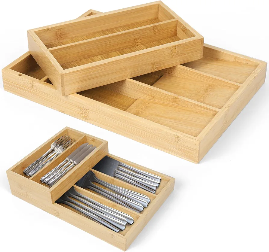 Dreamhigh® Cuberteros para Cajon Cocina de Bambú, Organizador Cubiertos con 6 Compartimentos, Bandeja Cubiertos Cajon para sostener cucharas y tenedores, natural - 30 x 21 x 6,8 cm
