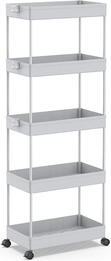 SPACEKEEPER Carro de Almacenamiento de 5 Niveles, Organizador de estanterías móviles, Carro de Utilidad rodante Deslizante, Multiusos para Cocina, baño, lavandería, Lugares Estrechos, Gris