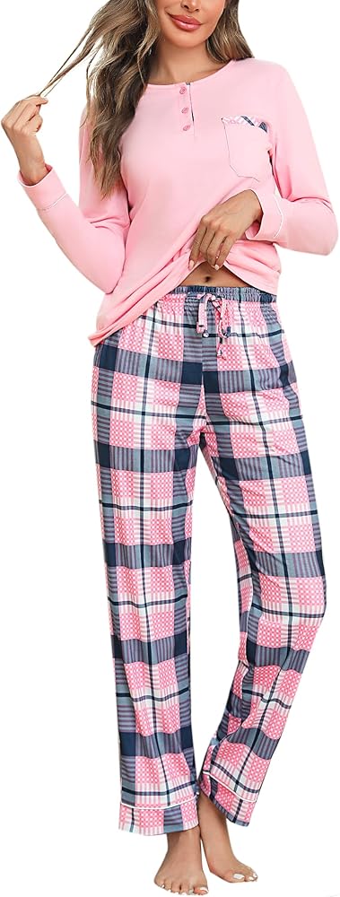 Aseniza Pijamas Mujer Invierno Algodón Pijama Mujer Manga Larga Conjunto Pijama Cuadros Ropa de Dormir para Mujer con Top y Pantalones Largo 2 Pieza
