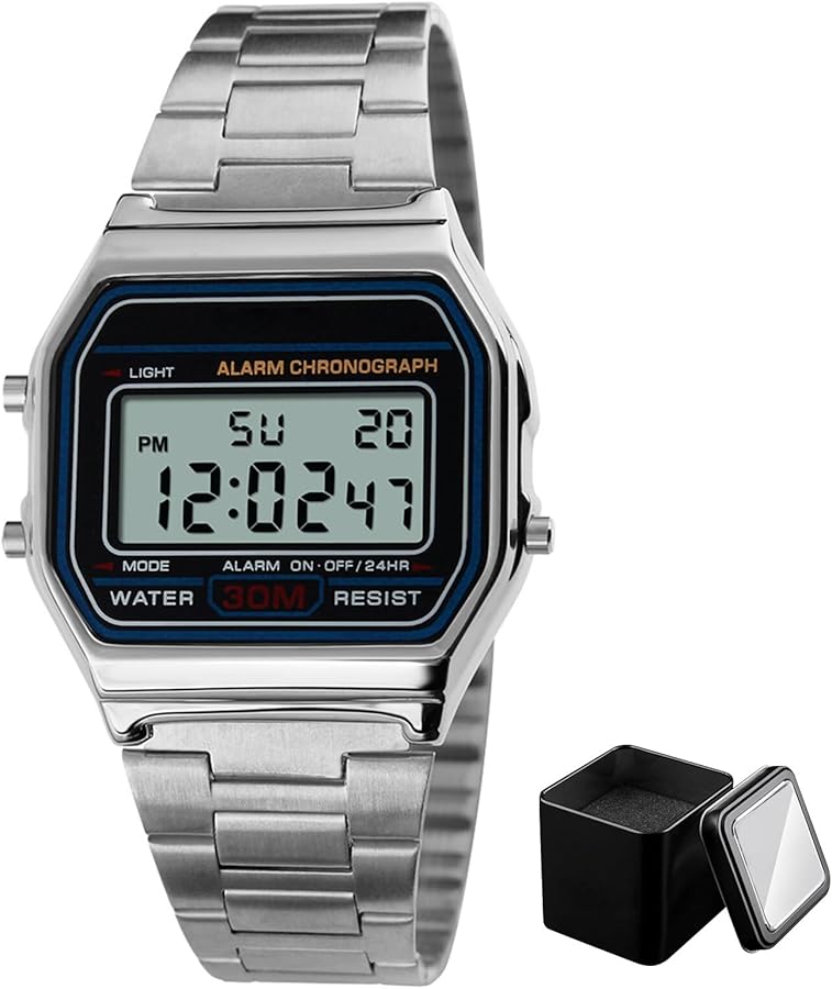 Felenny Reloj digital de negocios para hombre, de lujo, resistente al agua, de acero inoxidable, reloj digital de pulsera, resistente al agua hasta 30 m, correa de acero inoxidable