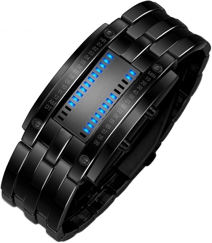 TONSHEN Binario Relojes de Hombre Deportivos Acero Inoxidable Bisel Y Correa Moda Relojes de Pulsera Calendario El Unico Diseño Simple Digitales LED Azul Luz Cool Relojes Negro