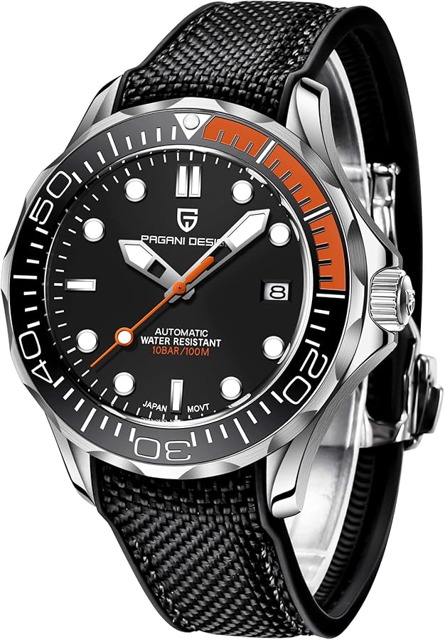 Pagani Design 007-Model NH35 - Reloj de pulsera automático para hombre, mecanismo giratorio, bisel de cerámica, acero inoxidable, impermeable, cuerda automática