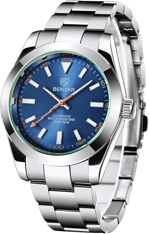 BENYAR - Reloj automático para hombre, correa de acero inoxidable, resistente al agua, luminoso, a la moda, mecánico, 1-azul, pulsera