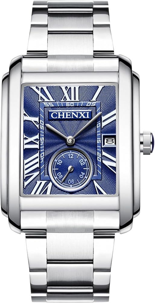 OIDEA Reloj Calendario Rectangular Hombre: Relojes Analógico de Cuarzo Formales Plata para Caballero Escala de Números Romanos Correa de Acero Inoxidable Extraíble - para Ocio Negocios Regalos
