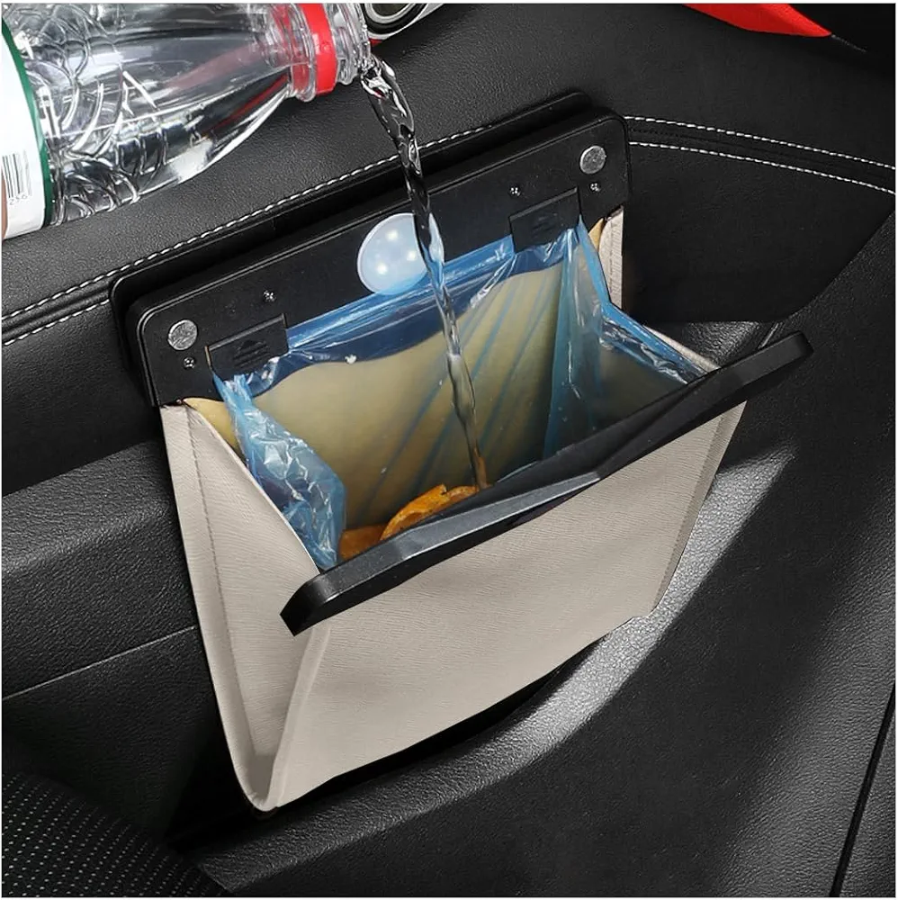 CGEAMDY Organizador De Bote De Basura Para Coche, Bolsa Basura Plegable Cuero, Impermeable Automóviles Asiento Trasero Accesorios Para Bolsa Almacenamiento con 1 Rollo Bolsa De Basura (Beige)