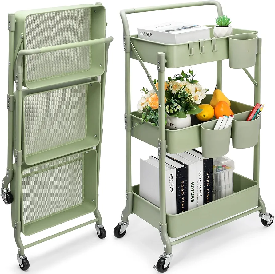 Shrivee Carro de Cocina de 3 Niveles, Carrito Plegable de Metal, Estante con Ruedas, Organizador de estantes, Estante de Cocina, Carrito Plegable Multiusos para Cocina, baño, Oficina (Verde)