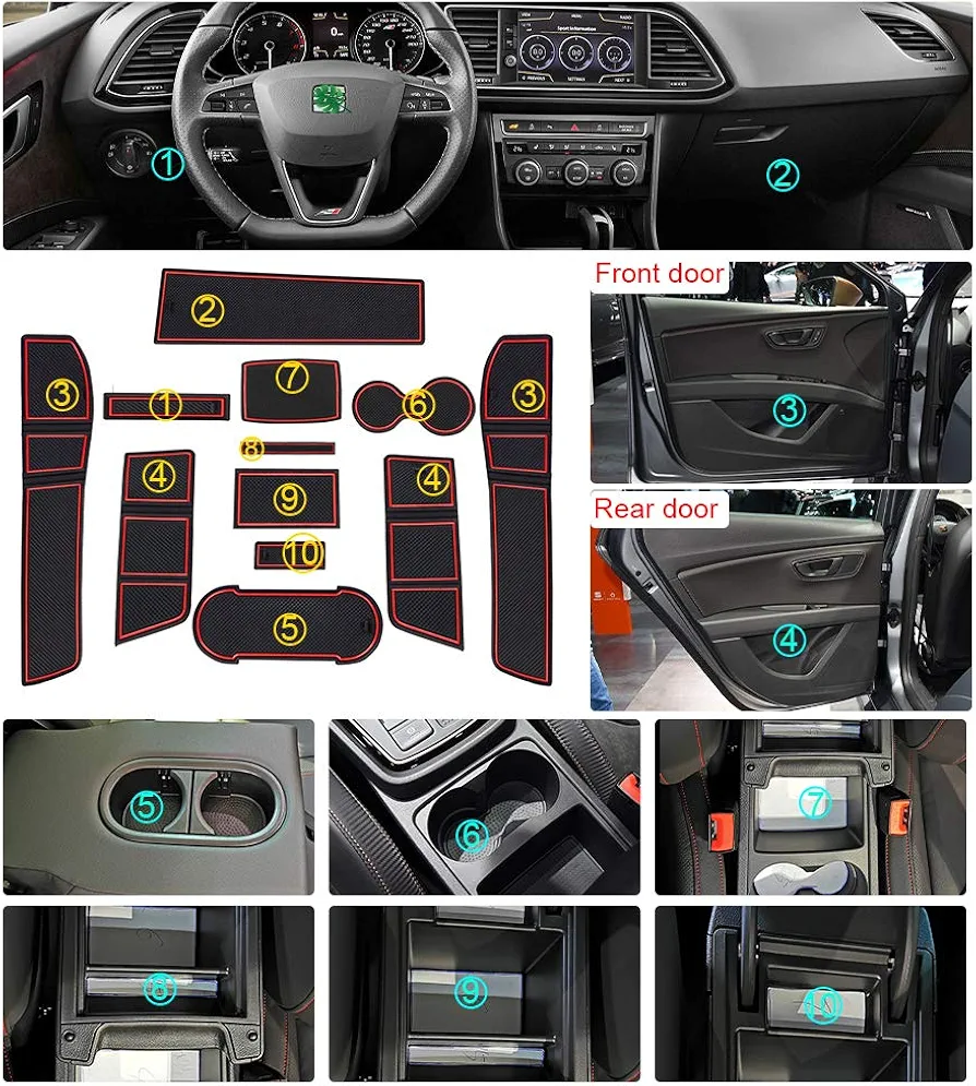 LFOTPP Compatible con Seat Leon Cupra 5F FR MK3 Alfombrillas de Goma Antideslizantes para Reposabrazos Consola Central Portavasos Coche Interior Accesorios, 12 Piezas (Rojo)