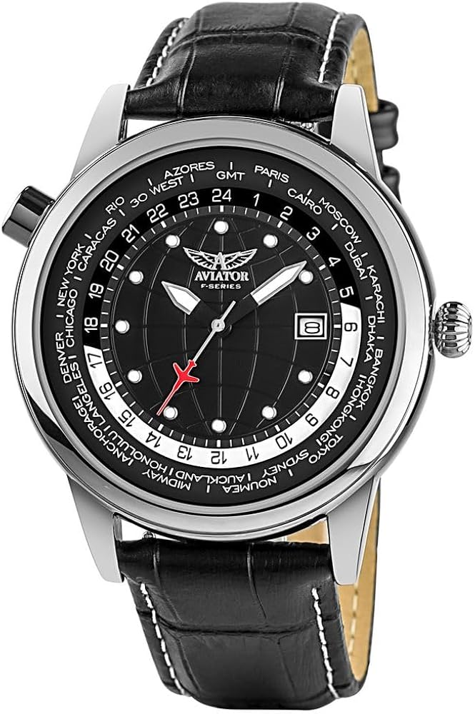Aviator mundo ciudades 3 mano reloj para hombres – aviación Piloto de Vuelo Series Aviators Collection – Correa de piel auténtica negro 3 Atm de cuarzo clásico reloj de pulsera