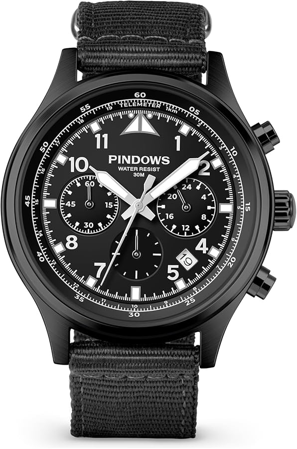 PINDOWS Relojes de pulsera para hombre, analógico, cronógrafo, cuarzo, resistente al agua, para negocios, informal, correa de cuero negro y marrón