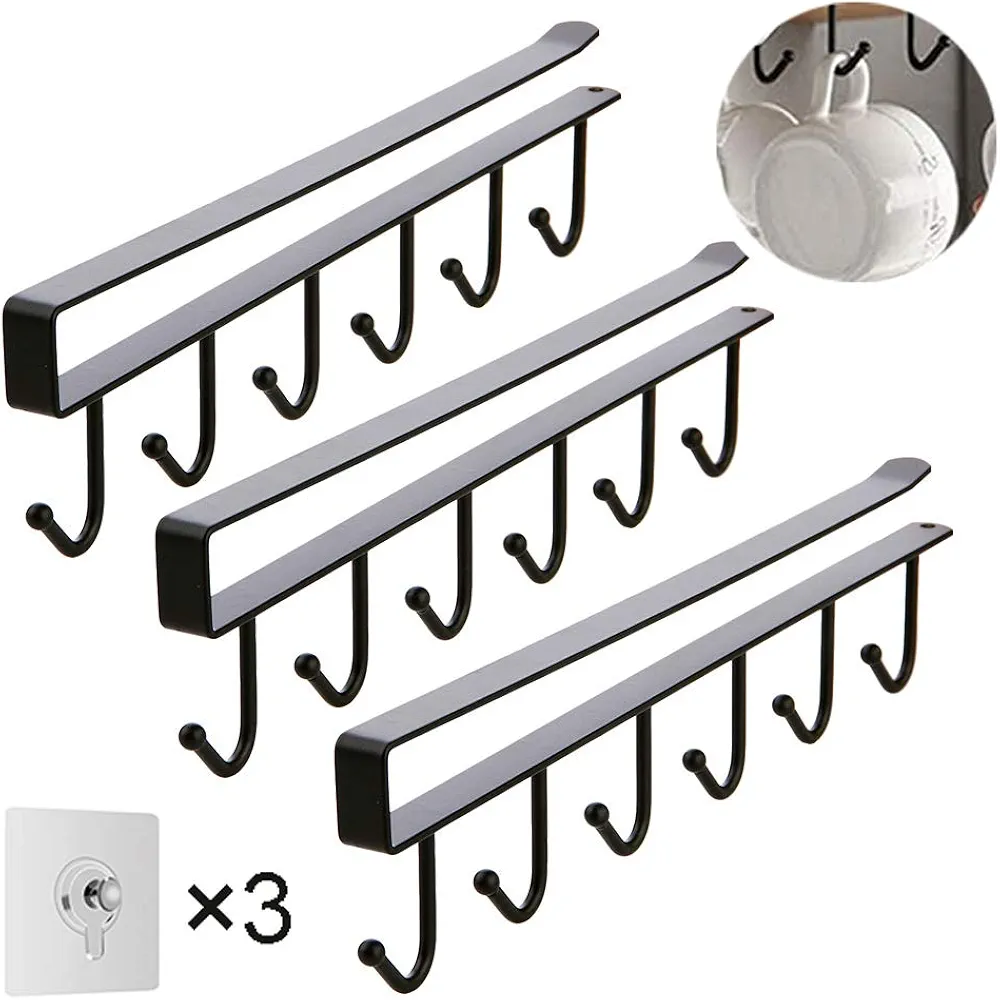 3 Piezas Colgador Tazas 6 Ganchos, Organizador Tazas Cocina Colgador Utensilios Cocina, Barra Cocina Colgar Utensilios Soporte Utensilios Cocina, Soporte Tazas Cafe Con 3 Tornillos Adhesivos