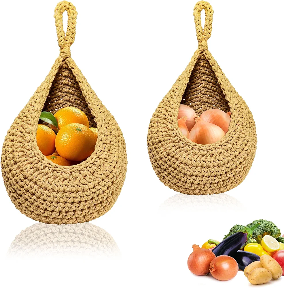 RongQiLBB 2 Piezas Cesta Colgantes para Frutas Vegetales, Cestas de Almacenamiento Cestos para Colgar Tejida a Mano Montable en la Pared para Cocina, Sala de Estar, Porche (Caqui)