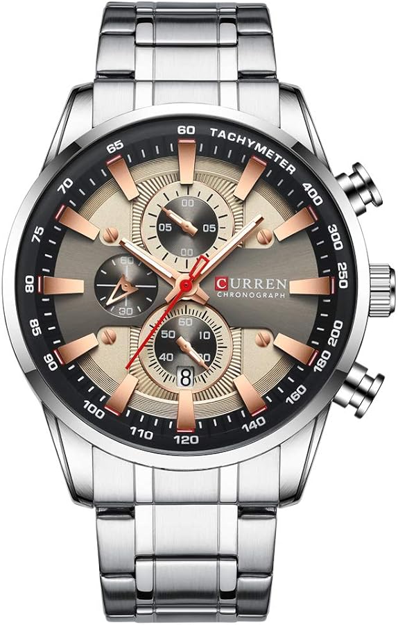 CURREN Reloj para hombre con múltiples zonas horarias, visualización de fecha, caja marrón, acero inoxidable, plateado, reloj deportivo plateado 8351, pulsera